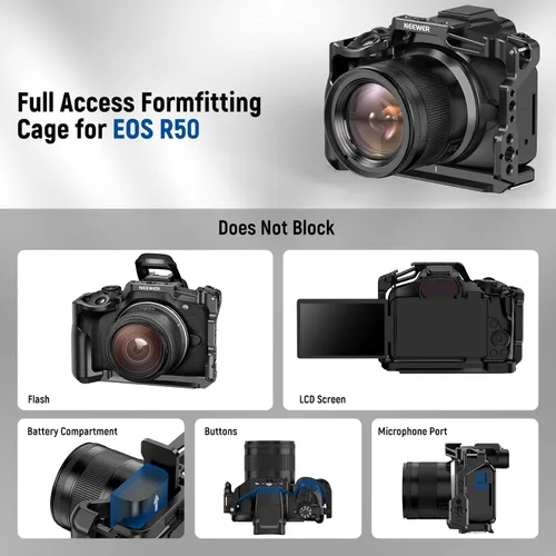 Miniatura 4 de NEEWER Jaula para cámara R50 compatible con Canon EOS R50, plataforma de video de aluminio con riel NATO, roscas de 1/4", agujeros ARRI de 3/8