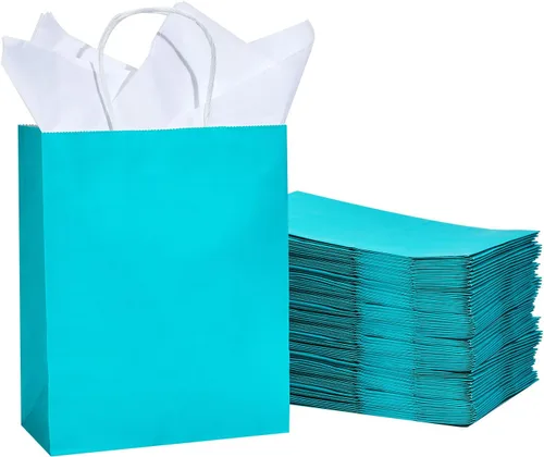 DjinnGlory Paquete de 50 bolsas de regalo de papel azul turquesa de tamaño mediano con asas de 10 x 8 x 4 pulgadas y 50 papel de seda blanco para