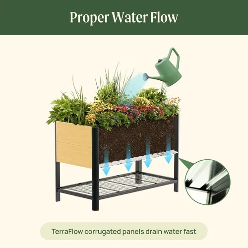 Miniatura 3 de Cama de jardín elevada con ruedas, macetas elevadas de grano de madera de metal de 2 x 4 pies con patas y estante de almacenamiento para patio