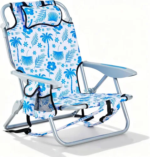Miniatura 8 de Silla de playa tipo mochila para adultos, silla de camping plegable portátil con 5 posiciones reclinable, reposacabezas, portavasos y bolsa