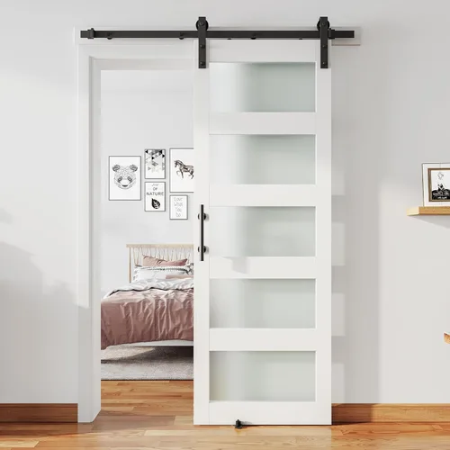 Miniatura 8 de Puerta de granero de vidrio de 32 x 84 pulgadas y kit de herrajes de 6 pies incluido, losa de puerta de granero blanco MDF con vidrio esmerilado
