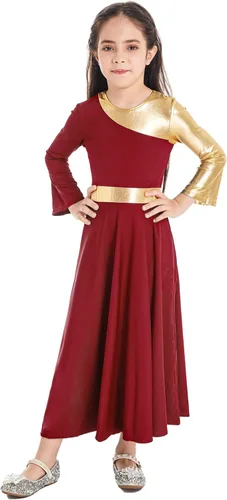 Miniatura 2 de easyforever Vestido de baile de alabanza con bloques de color dorado metálico para niña, ropa de baile lírica cristiana, vestido de túnica de baile