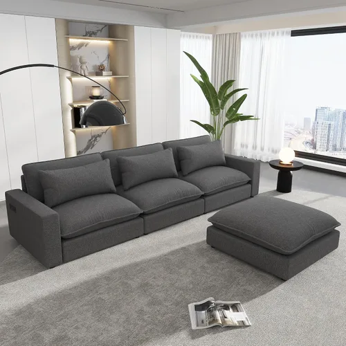 Miniatura 14 de KEVINSPACE Sofá moderno de 113.3 pulgadas, sofá de 3 plazas para sala de estar, sofá de tela de felpilla con puertos USB otomano, juego de 3