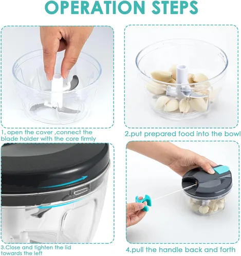 Miniatura 5 de Procesadores de alimentos manuales multifunción y picadora con tapa y asa, prensa de ajo, trituradora de verduras, adecuada para cebollas, ajo, Azul