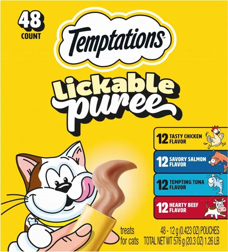 Temptations Paquete variado de puré cremoso de golosinas para gatos lamibles, tubos de 0.42 onzas, 48 unidades