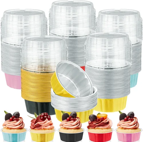 Miniatura 12 de Tessco for you 200 moldes desechables con tapas, 8 onzas, Ramekin Creme Brulee Ramekin, papel de aluminio, para cupcakes, para hornear, San plateado