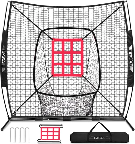 Miniatura 11 de BAGAIL 7x7 ft Baseball Softball Practice Net Sturdy Bow Frame, Heavy-Duty Mesh for Strong Hits, Including 2 Strike Zones, Carry Bag, Ground