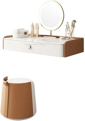 Mesa de tocador de maquillaje montada en la pared con espejo iluminado, estante de almacenamiento de escritorio de maquillaje con cajones y taburete