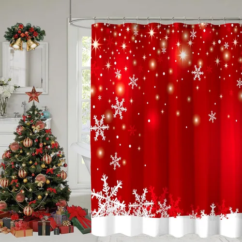 Miniatura 13 de Cortina de ducha de Navidad, cortinas de ducha azules con copos de nieve de Navidad para decoración de baño, cortina de ducha azul de vacaciones