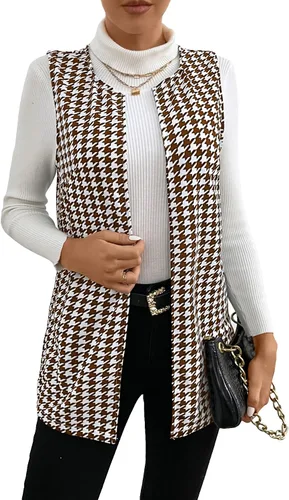 WDIRARA Chaleco elegante sin mangas con pata de gallo abierto para mujer, abrigo largo