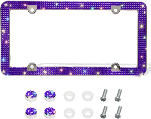 Marco de matrícula Bling de Otostar, hecho a mano con 4 filas de diamantes de imitación brillantes, marco de matrícula de acero inoxidable con 4