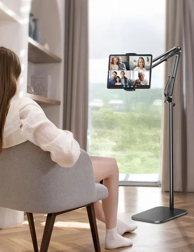Miniatura 4 de Soporte de piso para tableta con base de metal pesado de 4.5 libras, soporte de teléfono elevado sobre la cama con ángulo y altura ajustables