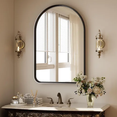 Miniatura 13 de Espejo de Baño con Arco, Espejo de Baño Arqueado de 20x30 pulgadas/Espejo de Tocador Montado en la Pared - Espejo de Pared con Marco de Metal Negro