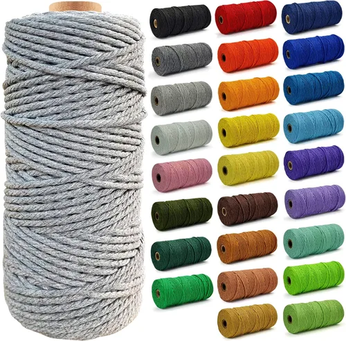 Miniatura 15 de Cuerda de Algodón 8mm x 20 Yardas - Cuerda de Macramé Natural Sin Blanquear - Cuerda de Algodón Trenzada de 3 Hilos para Colgar en la Pared, Blanco