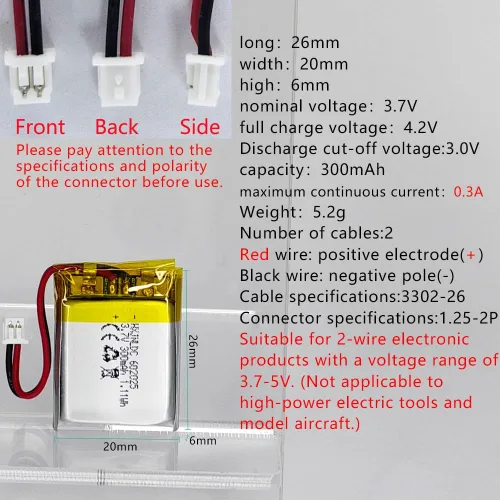 Miniatura 2 de DC 3.7V 300mAh 602025 Batería recargable de polímero de litio, adecuada para productos electrónicos de bricolaje 3.7-5V con reemplazo de batería