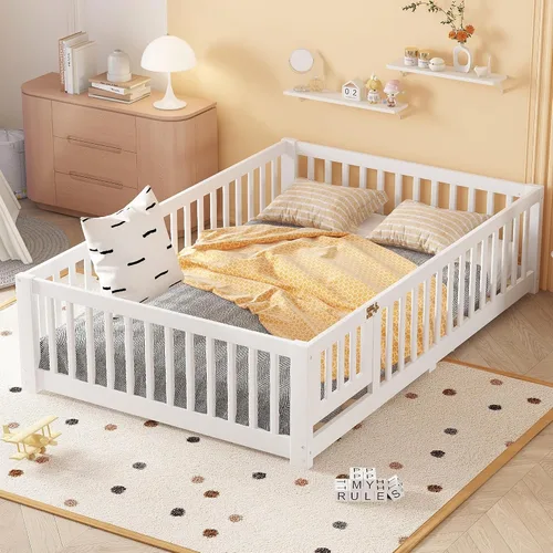 Miniatura 10 de Harper & Bright Designs Cama Montessori de madera tamaño individual, cama de piso con rieles altos, listones y puerta, marco de cama de madera