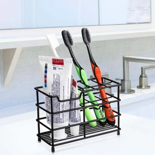 Miniatura 5 de Soporte de acero inoxidable para cepillo de dientes y pasta de dientes para baño – Organizador de 7 ranuras en negro, almacenamiento higiénico que