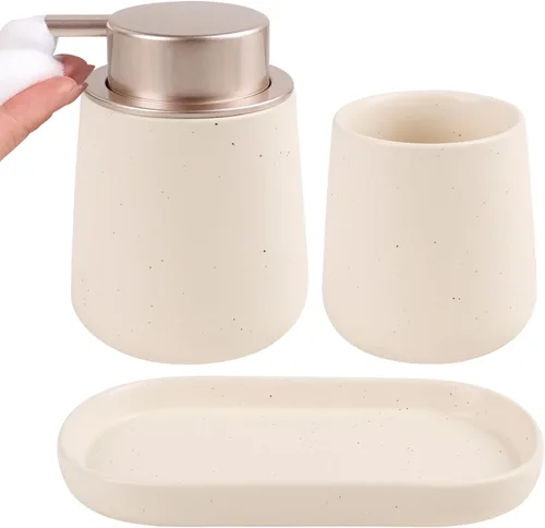 BosilunLife Juego de accesorios de baño 3 piezas - Juego de dispensador de jabón con espuma de cerámica para baño, decoración de baño estilo casa de