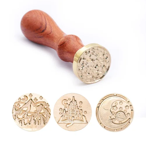 SWANGSA - Juego de sellos de cera, estilo vintage, 4 cabezas con diseños de castillo, libro mágico, luna, planta y estrella + 1 mango de madera