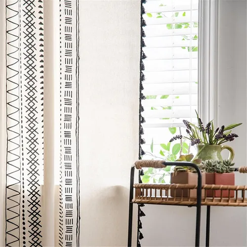 Miniatura 98 de Deeprove Cortinas bohemias para dormitorio, rayas huecas de ganchillo crema y estampado floral, tela de lino de algodón, con borlas beige bohemias