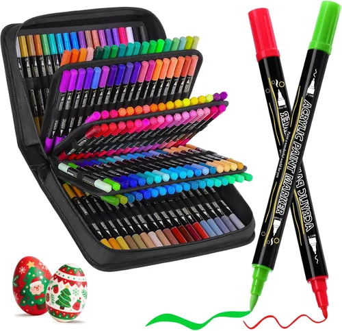 Tongfushop 144 colores (16 metálicos) marcadores de pintura acrílica, marcadores de pintura de doble punta fina y cepillo, sin sangrado y secado