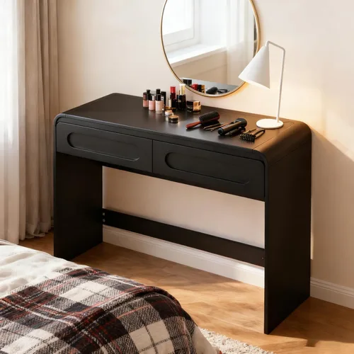 Escritorio de tocador, escritorio de maquillaje con 2 cajones y espacio de escritorio, moderno tocador de maquillaje con diseño de perfil curvo,