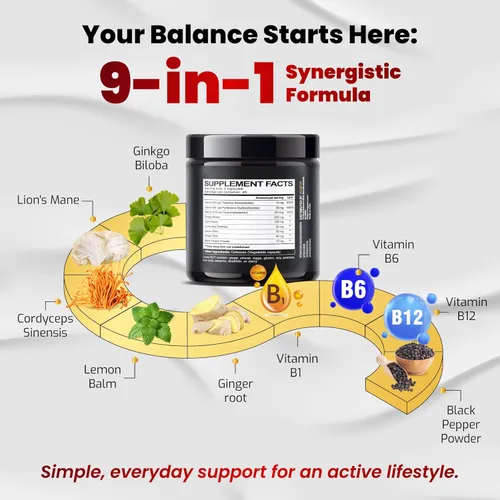Miniatura 3 de VEGATOT Suplemento de oído interno con Ginkgo Biloba melena de león bálsamo de limón jengibre VIT B1, B6, B12- para mareos girando equilibrio