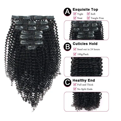 Miniatura 4 de Sassina Extensiones de Cabello Humano Rizado Afro Grueso Real con Clip 3B 4A Color Natural Invisible Sin Costuras Remi Clip Para Mujeres