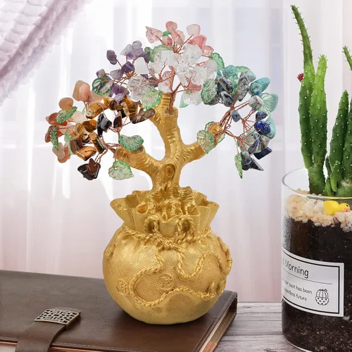 Miniatura 4 de mookaitedecor Árbol de dinero de cristal de 7 chakras con base de bolsa de dinero dorada, adorno de bonsái de árbol de Feng Shui para decoración