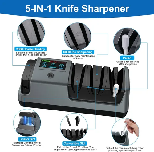 Miniatura 2 de Afilador de cuchillos eléctrico 5 en 1 para cuchillos de cocina, afilador de 3 etapas con 100% abrasivo de diamante, pantalla LCD, velocidad