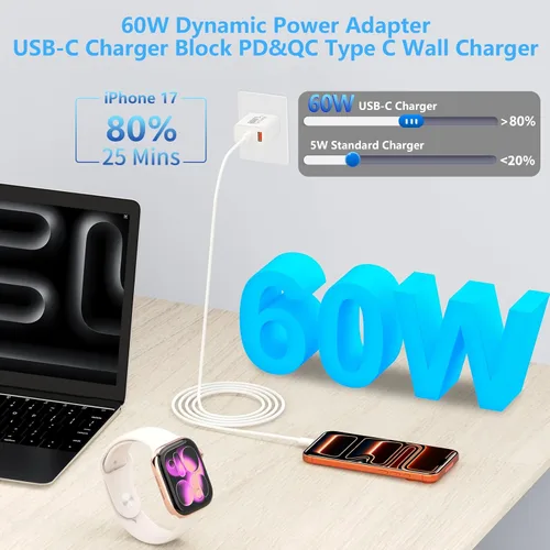 Miniatura 8 de [Certificado MFi de Apple] Cargador para iPhone 17 de carga rápida, Linocell 4 unidades de 60 W, cargador USB C de doble puerto, adaptador de Blanco