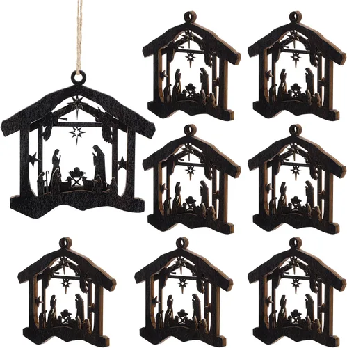 Miniatura 18 de Blulu Juego de 4 piezas de adornos navideños de escena de la natividad, set de regalo a granel, adorno colgante de madera cristiano 3D para árbol