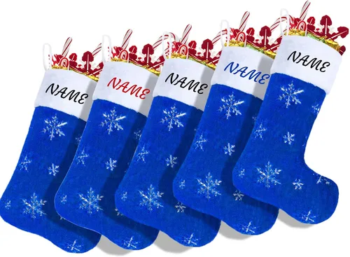 Miniatura 16 de Calcetines negros de piel sintética de Navidad, 1 paquete grande de 22 pulgadas, medias colgantes de felpa negra con nombre personalizado con copos