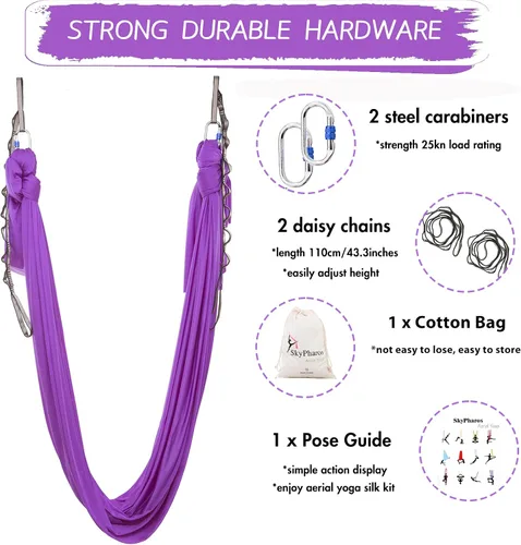 Miniatura 2 de Juego de columpio de yoga de seda aérea de 5.5 yardas - Kit de hamaca de yoga aérea antigravedad volador para fitness, tela de tricot de nailon