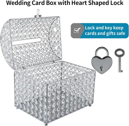 Miniatura 4 de MDLUU Caja de tarjetas del cofre del tesoro con cerradura en forma de corazón, soporte para sobres de cuentas de cristal para bodas, fiestas, Plata