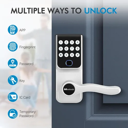 Miniatura 3 de Cerradura inteligente con teclado con asa para puerta delantera, control 5 en 1 mediante huella dactilar, contraseña, aplicación, llave electrónica