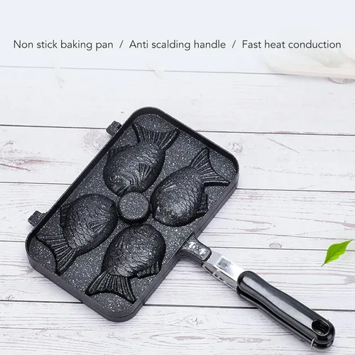 Miniatura 4 de Taiyaki - Máquina para hacer gofres, antiadherente con mango largo, mini molde para pasteles en forma de pez, 4 rejillas Taiyaki con forma de pez