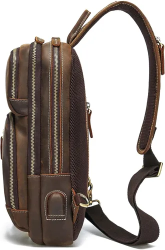 Miniatura 8 de LANNSYNE Bolso bandolera de cuero de grano completo para hombre, mochila cruzada para el pecho para iPad de 10.5 pulgadas