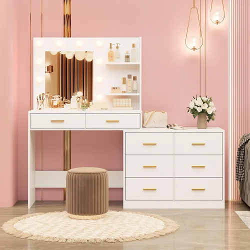 Miniatura 9 de GarveeHome Escritorio de maquillaje de 61 pulgadas con espejo y luces, tocador negro con 8 cajones de almacenamiento anchos y estantes de 2 niveles