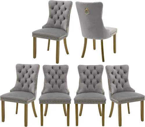 Miniatura 79 de Juego de 2 sillas de comedor de terciopelo, silla de comedor tapizada de alta gama con tirador de anillo en la espalda, adorno de clavos y patas