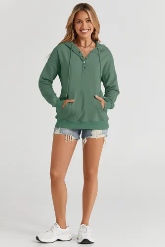 Miniatura 8 de Dokotoo Sudaderas con Capucha para Mujer 2025 con Cuello de Botón Cordón Ajustable Sudadera con Capucha Pullover Casual de Manga Larga Tops Camisetas