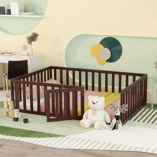 Miniatura 9 de Cama de suelo para niños tamaño Queen con valla, cama de madera con puerta, barandillas en forma de valla, cama de valla para niños, fácil montaje