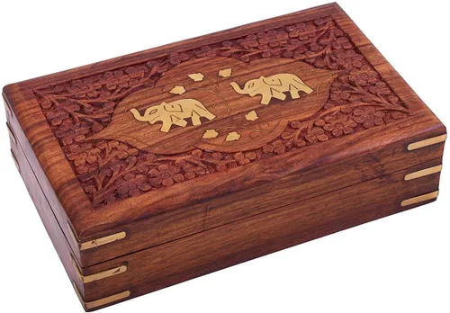 Ajuny Hermosa caja de joyería de madera hecha a mano con incrustaciones de latón elefante con diseño de elefante organizador de almacenamiento de