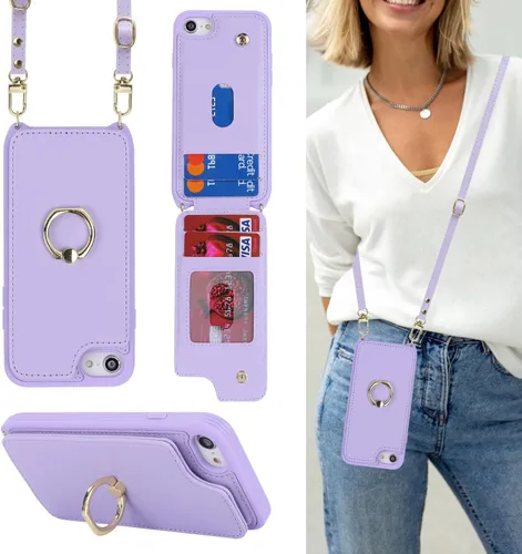 Miniatura 24 de Lipvina para iPhone 11 Pro Funda para teléfono con tarjetero y correa para mujeres, cordón cruzado, soporte de anillo con patas, cierre de presión