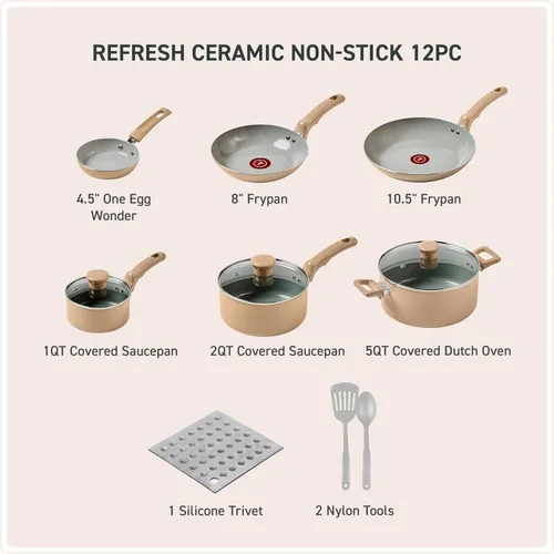 Miniatura 2 de T-Fal Refresh - Juego de utensilios de cocina antiadherentes de cerámica, 12 piezas, apto para horno hasta 350 °F, incluye olla, plancha, sartenes