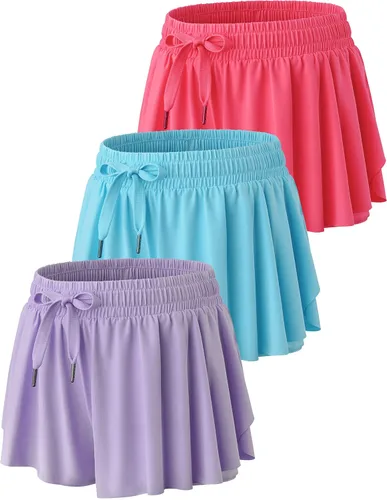 Miniatura 7 de Paquete de 3 pantalones cortos fluidos para niñas con forro de elastano, 2 en 1, faldas de mariposa para jóvenes, para fitness, correr, deportes