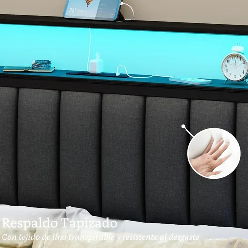 Miniatura 8 de Furnulem - Base de cama tamaño Queen con estación de carga y luces LED, cama de plataforma con listones de metal, cabecera tapizada gris con Roble