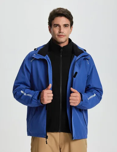 Miniatura 2 de baleaf Chaqueta impermeable para hombre 3 en 1 para esquí de invierno, rompevientos con capucha reflectante, plegable, con chaqueta de forro polar