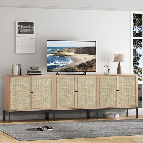 Miniatura 12 de Brafab Aparador negro con puertas decoradas de ratán natural, 31.5 pulgadas de ancho, armario de almacenamiento de ratán Credenza, gabinete bohemio
