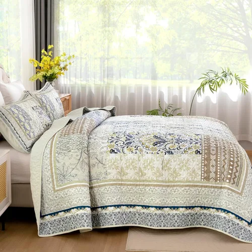 Miniatura 3 de WONGS BEDDING Juego de edredón bohemio tamaño matrimonial, juego de colcha de retazos beige de 3 piezas, juego de ropa de cama de microfibra suave